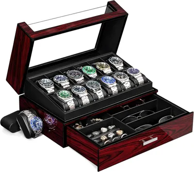 Image de Boîte à montres pour homme à 12 compartiments, boîte de rangement à montres verrouillable à deux étages avec grand couvercle en verre, organiseur de montres, coffret à montres de luxe JWB005Y