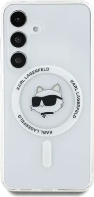 A white phone case with a Karl Lagerfeld Choupette cat design and branding.