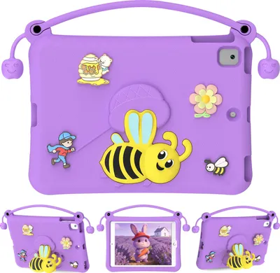 Image de Étui pour enfants pour iPad mini 2024/2021/iPad mini (A17 Pro)/iPad mini 6 8,3", léger, résistant aux chocs, avec poignée et support en forme d'abeille Violet