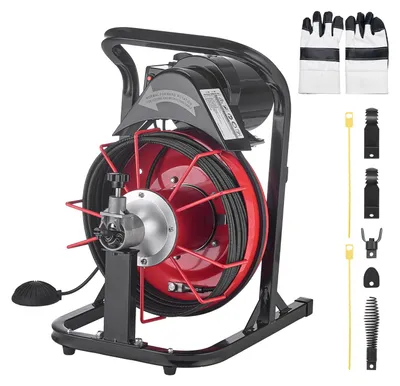 Obrázek produktu pro SucceBuy, zařízení pro čištění potrubí, průměr 8 mm, délka 15 m, čisticí spirála s automatickou funkcí podávání, 4 řezacími nástavci a pneumatickým spínačem, vhodné pro potrubí o průměru 50 až 100 mm, čisticí zařízení pro odpadní potrubí