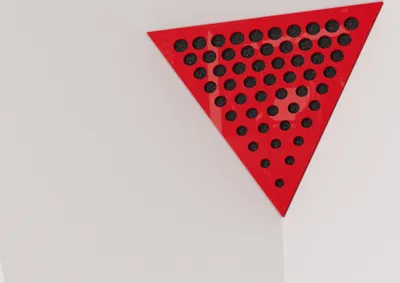 Produktbild von 2-Stück Decken-Eck-Bassfalle «Triangle-ROUNDS» Akustikschaumstoff mit perforierter laminierter HDF-Platte | 42x42x42cm | Dreieckige Pyramiden-Bassfalle| Farbe: Rot glänzender Kunststoff
