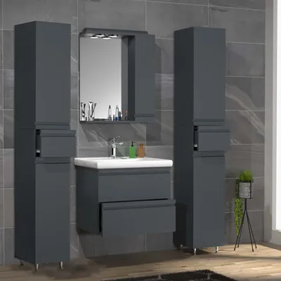 Produktbild von VCM 5-tlg. Waschplatz | Waschtisch Unterschrank 60 cm | Badmöbel Set mit Keramik Waschbecken | grifflosen Schubladen | Spiegelschrank | 2x Hochschrank | Komplettset Silora L