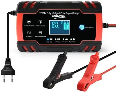 Zdjęcie produktu dla Przenośna ładowarka do akumulatorów samochodowych - z wyświetlaczem LCD - 8A, 12V/24V - do samochodów, motocykli i ciężarówek - czarna, czerwona - (nie ładuje akumulatorów litowych)
