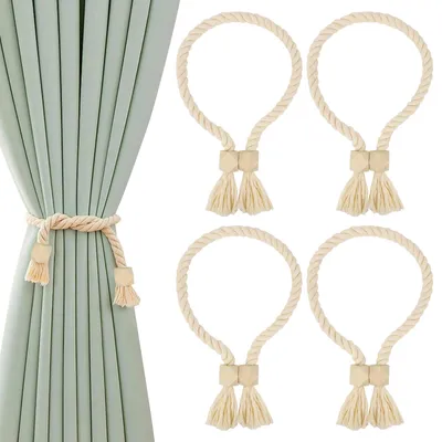 Produktbild von 4-teiliges magnetisches Vorhanghalter-Set, Holz, Vorhangbänder, Zuhause, Büro, Wohnzimmer, Dekoration (beige)