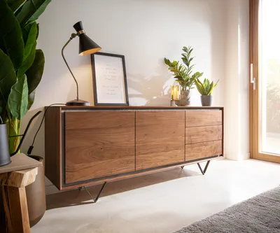 Produktbild von DELIFE Sideboard Stonegrace 175 cm Akazie Braun Steinfurnier 2 Türen 3 Schubladen V-Fuß Schwarz