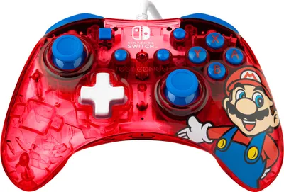 A Nintendo Switch controller with a transparent red casing and blue accents, featuring Mario artwork.