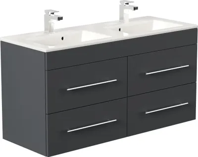 A modern, wall-mounted bathroom vanity with a double sink and four drawers, presented against a white background.