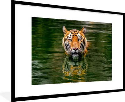 Produktbild von MuchoWow® MuchoWow® Gerahmtes Poster Tiger im Wasser 90x60 cm - Poster mit zchwarzem Bilderrahmen - Wanddekoration - Fotos