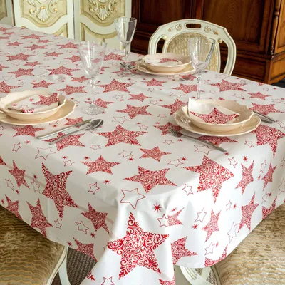 Weihnachtstischdecke Beige mit rotem Stern, 150x350 cm, Baumwolle