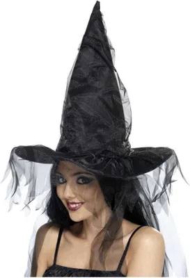 Produktbild von Schwarzer Hexenhut mit Tüllschleier Halloween Hexenkostüm Zubehör Gothic Zauberin Hut für Fasching Karneval Walpurgisnacht