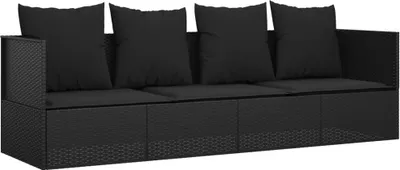 A black outdoor lounge sofa with cushions, shown from a front-side angle against a white background.