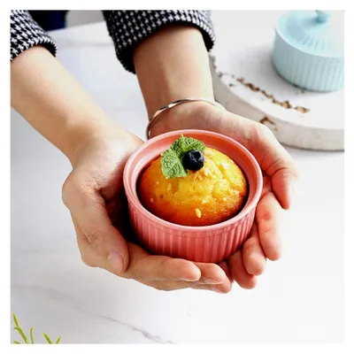 Produktbild von Cupcake Pudding Förmchen mit Deckel aus Porzellan, Muffin Backförmchen, Keramik Auflaufförmchen, Pastetenform, Saucenschalen, Soufflé Schälchen für Creme Brulee