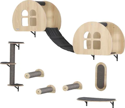 Produktbild von 7-teilige Kletterwand für Katzen mit Sisalstange, Kratzbaum und Plattform in Grau