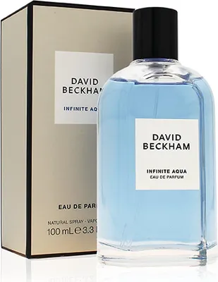 A bottle of David Beckham Infinite Aqua Eau de Parfum and its packaging are displayed against a white background.