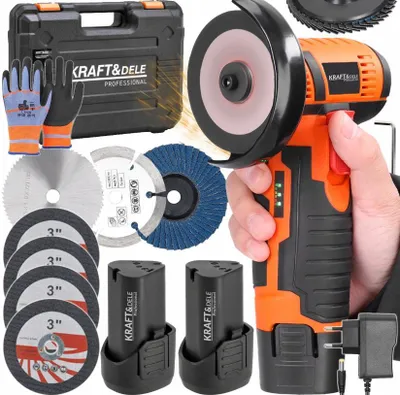 A set of KRAFT&DELE cordless angle grinder tools and accessories, including batteries, charging adapter, and various cutting and grinding discs, laid out on a white background.
