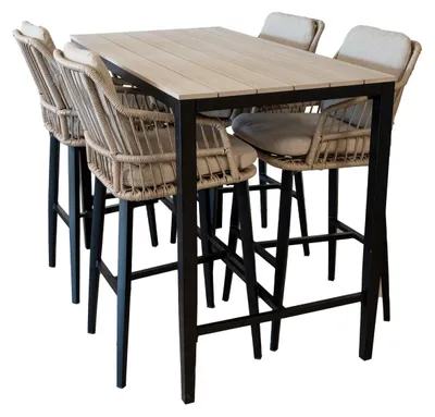 Produktbild von 5-teiliges Gartenbar-Set | 4 Isabel Barhocker |  Limasol Bartisch 150 x 75 cm Holz  | Sand & Holz