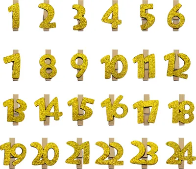 A grid of golden glitter numbers from 1 to 24, each attached to a wooden clothespin.