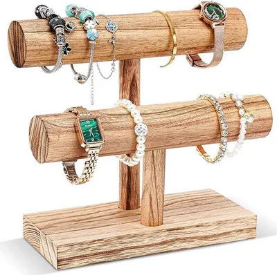 Image de Présentoir à bracelets en bois à deux bras en T - Présentoir coulissant pour bracelets, montres et accessoires pour cheveux - Présentoir à bracelets de style ancien