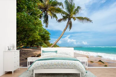 Produktbild von MuchoWow® Fototapete für Wohnzimmer oder Schlafzimmer Wandtapete Vinyl Motivtapete Palme - Strand - Meer - 450x300 cm - Gemusterte