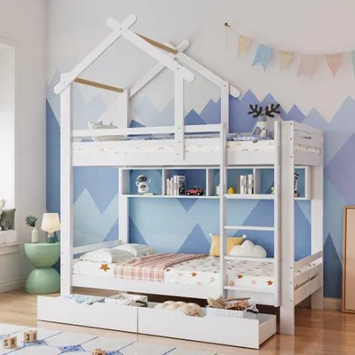Produktbild von Kinderhochbett mit Sicherheitsgittern, weiß, 90x200cm, Holzframe