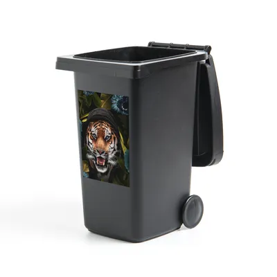 Obrázok produktu pre MuchoWow® Nálepka na odpadkový kôš - Tiger - Kvety - Rastliny - 60x40x0.1cm