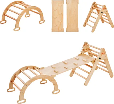 A collection of wooden climbing toys for children, including a Pikler triangle, a climbing arch, and a slide.
