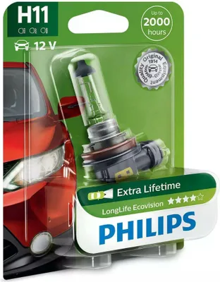 A blister pack containing a car headlight bulb, with a red car graphic on the left.