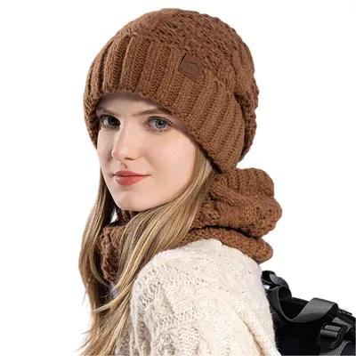 Produktbild von Damen Wintermütze Strickmütze mit Schal für Outdoor Sportarten, Braun