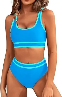 Produktbild von Frauen High Waist Bikini-Sets Sportliche Zweiteilige Badeanzüge Farbblock Freche Hochgeschnittene Bademode