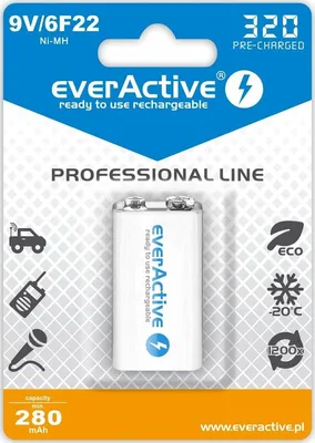 Produktbild von everActive Akku 9V 320 mAh, NI-MH, Block, wiederaufladbar, vorgeladen, höchster Leistung, Professional Line 6F22 HR22 8.4V, 1 Stück - 1 Blisterkarte