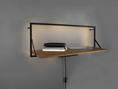 Produktbild von Industrial LED Wandregal mit Beleuchtung aus Echtholz & Metall schwarz 90cm groß