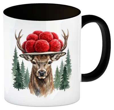 Produktbild von Hirsch mit Bollenhut Kaffeebecher in schwarz Schwarzwald Motiv
