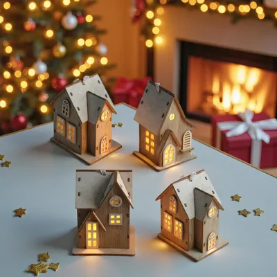 Four illuminated wooden Christmas houses are arranged on a table in front of a decorated Christmas tree and a fireplace.