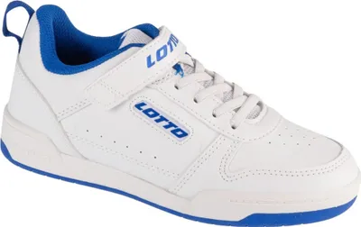 A single white and blue Lotto sneaker is shown against a white background.