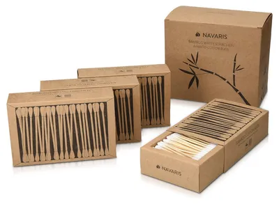 Produktbild von Navaris 800 Öko Wattestäbchen aus Bambus im Set - Ohrenstäbchen nachhaltig aus Holz und Baumwolle - Ohren Stäbchen vegan biologisch abbaubar