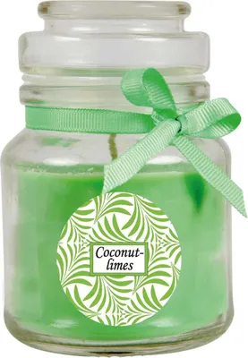 Produktbild von Duftkerze mit Schriftzug "Coconut-Limes" im Bonbon Glas, 120g Wachs - Brenndauer ca.: 30 Stunden, Kerze im Glas in Geschenkverpackung