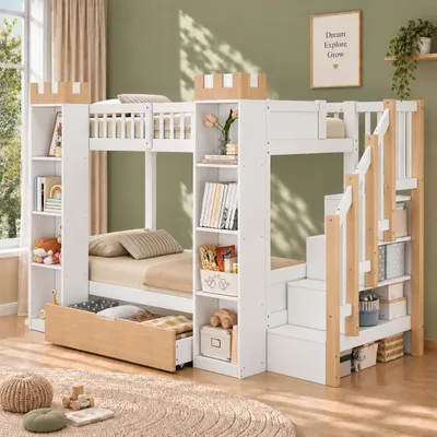 Image de Lit superposé Flieks 90x200 cm avec étagères et tiroir, lit superposé pour enfants avec escalier et sommier à lattes, lit en bois pour enfants en forme de château, aspect naturel, Image générée par une IA