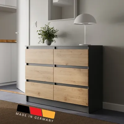 Produktbild von Home Collective Kommode mit 6 Schubladen Kommode Holz Schrank Kommode mit Schubladen, Sideboard, Highboard für Schlafzimmer Wohnzimmer Flur Büro Organizer | 95 cm Breite | Anthrazit / Artisan-Eiche