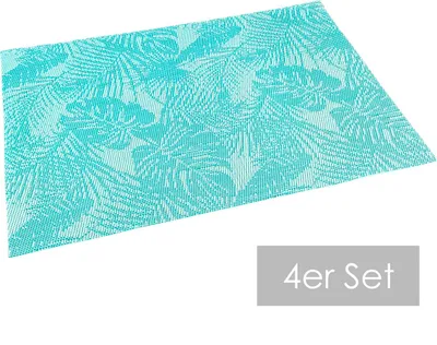 Produktbild von heimtexland ® Outdoor Platzdeckchen 4 Stück Platzset Tropical Garten Tischdeko abwaschbar wetterfest Garten Tischset 4-teilig Typ792 Türkis