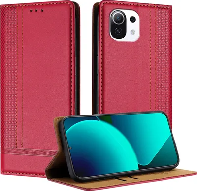 Produktbild von Handyhülle für Xiaomi 11 Lite Leder Flip Klappbare Schutzhülle mit Standfunktion Rot