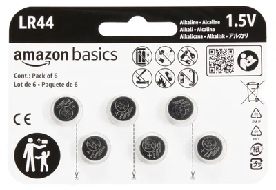 Immagine prodotto di Batterie a bottone alcaline Amazon Basics LR44 da 1,5 V, confezione da 6, senza mercurio