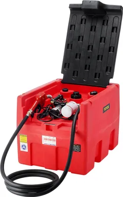 A red portable diesel and gasoline tank with a black lid open, showing the pump and nozzle.