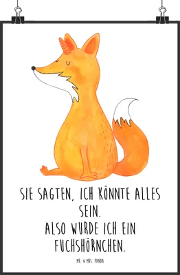 Produktbild von Mr. & Mrs. Panda Bild Einhorn Fuchs DIN A2 - Weiß - Geschenk, Plakat, Unicorns, drucke, Fuchshörnchen, Wandbild, Unicorn, Kunstdruck, Füchse, wanddeko, Einhörner