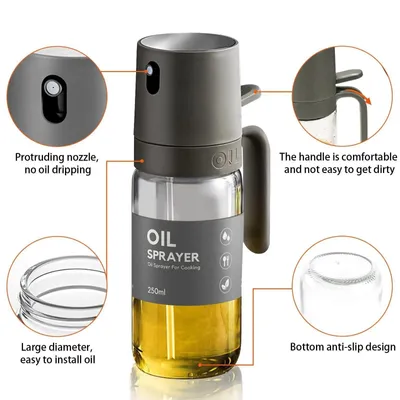 Produktbild von Öl-Sprühflasche 250ml, Glas mit Edelstahl-Sprühkopf, auslaufsicher, für Salat & Airfryer