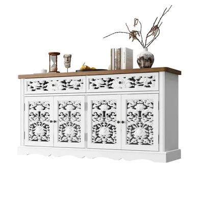 Produktbild von Sideboard mit Schnitzfronten, Beistellschrank mit Lasergeschnittenen Türen und Schubladen, Aufbewahrungsschrank, Weiß, MDF, 160 x 40 x 80 cm