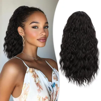 Image de Pièce de cheveux queue de cheval, 40 cm, noir, marron, bouclée, ondulée, en fibres synthétiques, extension de cheveux à clip, pour femmes