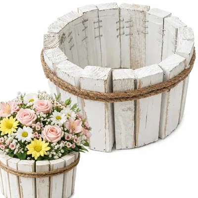 Obrázek produktu pro Dřevěný obal na květináč kulatý květináč s vložkou 18x10 cm bílý