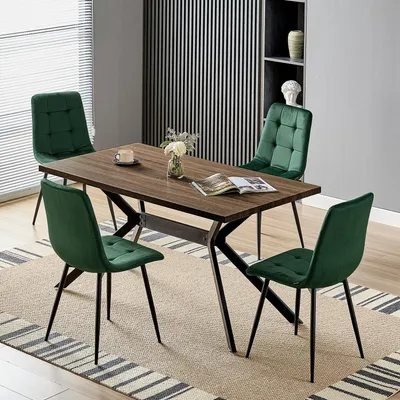 Image de Table de salle à manger avec 4 chaises, dimensions 140x80 cm, en bois foncé, avec un plateau vert foncé en velours et des pieds en métal