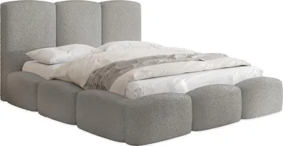 Produktbild von Polsterbett 140x200 mit Bettkasten und Lattenrost – Graues Bett mit hohem Kopfteil, Boucle oder Samt Stoff - Modernes Doppelbett mit Stauraum – Bettgestell, ohne Matratze – Harmony - Grau