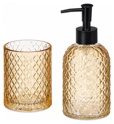 Produktbild von Berilo Seifenpumpe / Seifenspender mit Becher – bernsteingelb – Glas – 410 ml – Badezimmer-Set